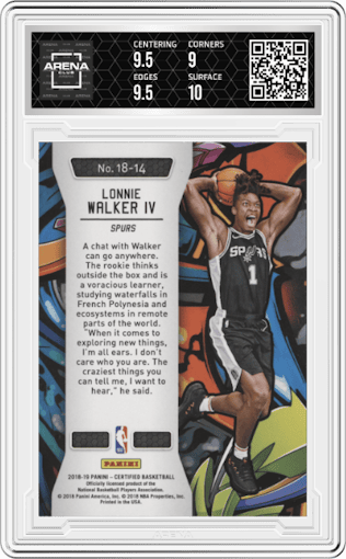Lonnie Walker IV from the 2018-19 Panini Certified set graded by Arena Club and given an overall grade of 9.5.