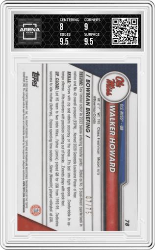 Walker Howard from the 2023 Bowman Chrome University set featuring a Yellow Refractor parallel graded by Arena Club and given an overall grade of 8.5.