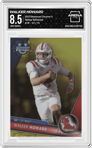 Walker Howard from the 2023 Bowman Chrome University set featuring a Yellow Refractor parallel graded by Arena Club and given an overall grade of 8.5.