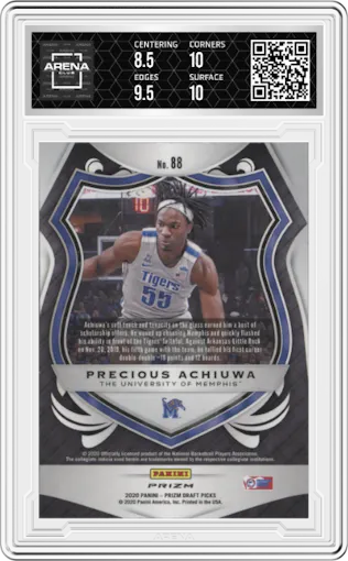 Precious Achiuwa from the 2020-21 Panini Prizm Draft Picks set featuring a Choice Tiger Stripe parallel graded by Arena Club and given an overall grade of 9.