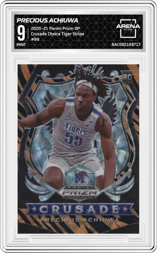 Precious Achiuwa from the 2020-21 Panini Prizm Draft Picks set featuring a Choice Tiger Stripe parallel graded by Arena Club and given an overall grade of 9.