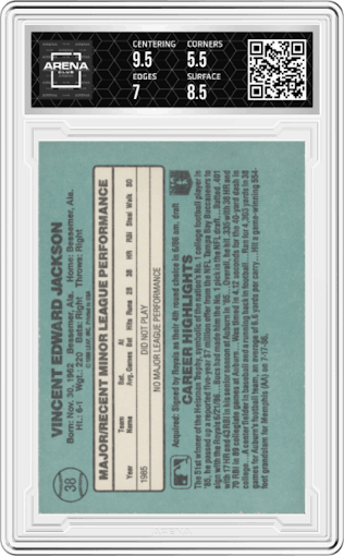 Bo Jackson from the 1986 Donruss The Rookies set graded by Arena Club and given an overall grade of 6.