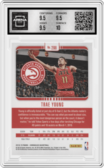 Trae Young from the 2018-19 Panini Chronicles set graded by Arena Club and given an overall grade of 10.