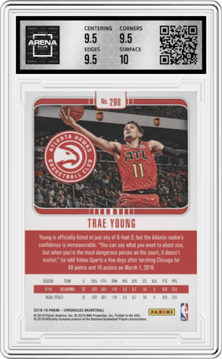 Trae Young from the 2018-19 Panini Chronicles set graded by Arena Club and given an overall grade of 10.