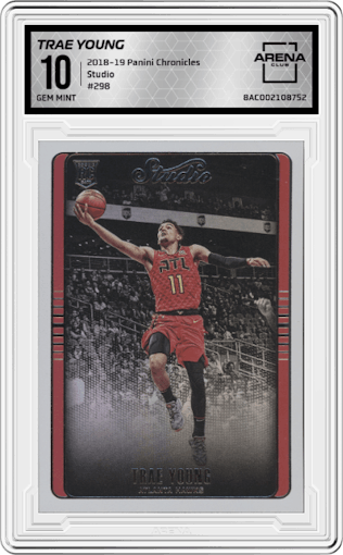 Trae Young from the 2018-19 Panini Chronicles set graded by Arena Club and given an overall grade of 10.