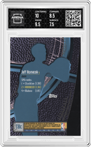 Jeff Hornacek from the 1998-99 Topps Stadium Club set featuring a Luminescent parallel graded by Arena Club and given an overall grade of 8.