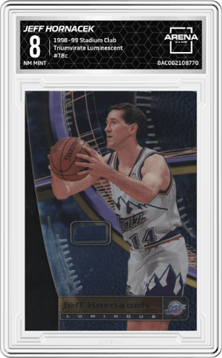 Jeff Hornacek from the 1998-99 Topps Stadium Club set featuring a Luminescent parallel graded by Arena Club and given an overall grade of 8.