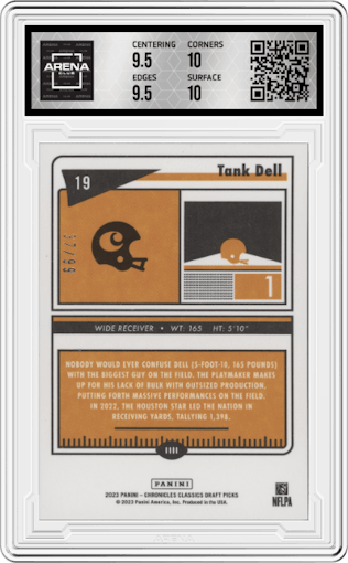 Tank Dell from the 2023 Panini Chronicles Draft Picks set featuring a Blue parallel graded by Arena Club and given an overall grade of 10.