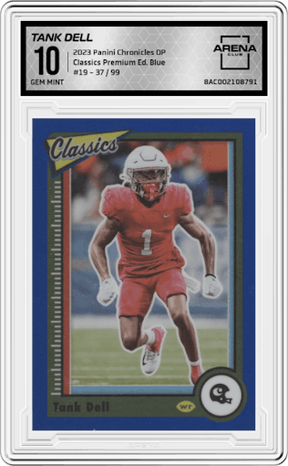 Tank Dell from the 2023 Panini Chronicles Draft Picks set featuring a Blue parallel graded by Arena Club and given an overall grade of 10.