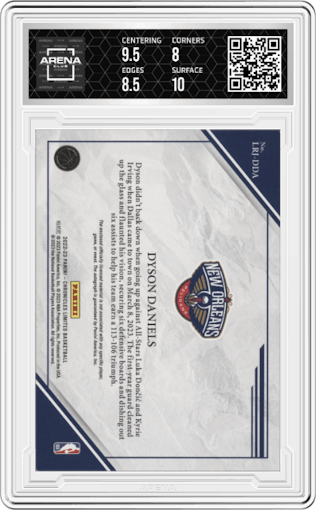 Dyson Daniels from the 2022-23 Panini Chronicles  set graded by Arena Club and given an overall grade of 8.5.