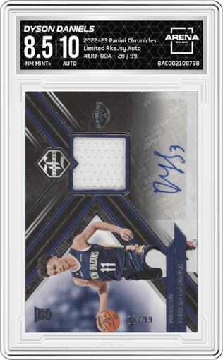 Dyson Daniels from the 2022-23 Panini Chronicles  set graded by Arena Club and given an overall grade of 8.5.