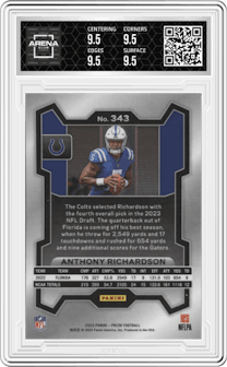 Anthony Richardson from the 2023 Panini Prizm set graded by Arena Club and given an overall grade of 9.5.