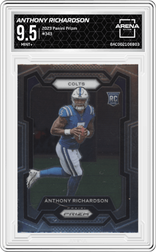 Anthony Richardson from the 2023 Panini Prizm set graded by Arena Club and given an overall grade of 9.5.