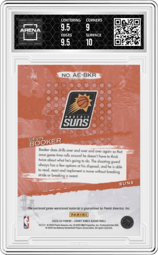 Devin Booker from the 2023-24 Panini Court Kings set graded by Arena Club and given an overall grade of 9.5.