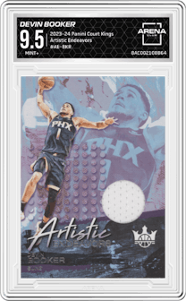 Devin Booker from the 2023-24 Panini Court Kings set graded by Arena Club and given an overall grade of 9.5.