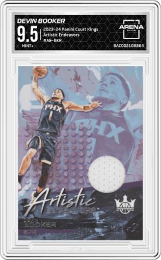 Devin Booker from the 2023-24 Panini Court Kings set graded by Arena Club and given an overall grade of 9.5.