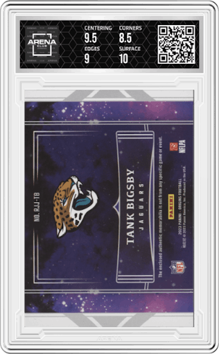 Tank Bigsby from the 2023 Panini Origins set featuring a Green parallel graded by Arena Club and given an overall grade of 9.