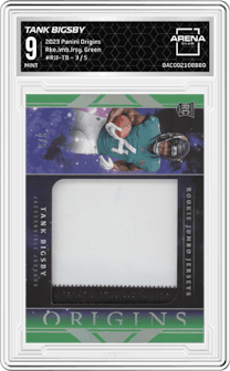 Tank Bigsby from the 2023 Panini Origins set featuring a Green parallel graded by Arena Club and given an overall grade of 9.
