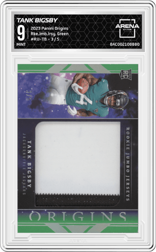 Tank Bigsby from the 2023 Panini Origins set featuring a Green parallel graded by Arena Club and given an overall grade of 9.