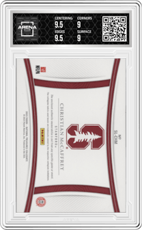 Christian McCaffrey from the 2023 Panini National Treasures Collegiate set featuring a Blue parallel graded by Arena Club and given an overall grade of 9.5.
