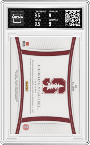 Christian McCaffrey from the 2023 Panini National Treasures Collegiate set featuring a Blue parallel graded by Arena Club and given an overall grade of 9.5.