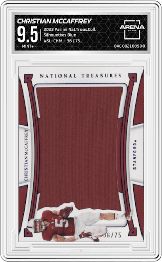 Christian McCaffrey from the 2023 Panini National Treasures Collegiate set featuring a Blue parallel graded by Arena Club and given an overall grade of 9.5.