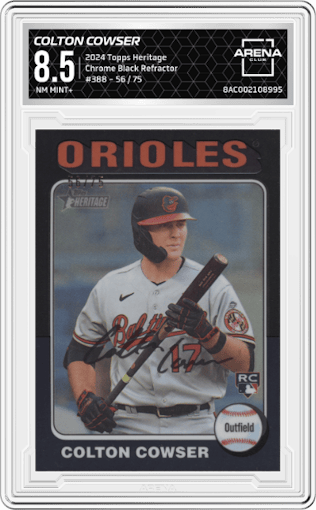 Colton Cowser from the 2024 Topps Heritage set featuring a Chrome Black Refractor parallel graded by Arena Club and given an overall grade of 8.5.