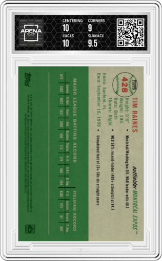 Tim Raines from the 2023 Topps Chrome Platinum Anniversary set featuring a Gold Refractor parallel graded by Arena Club and given an overall grade of 9.5.