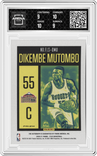 Dikembe Mutombo from the 2020-21 Panini Flux set graded by Arena Club and given an overall grade of 9.5.