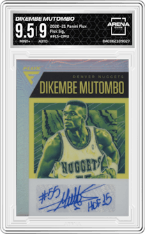Dikembe Mutombo from the 2020-21 Panini Flux set graded by Arena Club and given an overall grade of 9.5.