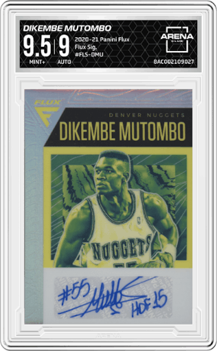 Dikembe Mutombo from the 2020-21 Panini Flux set graded by Arena Club and given an overall grade of 9.5.