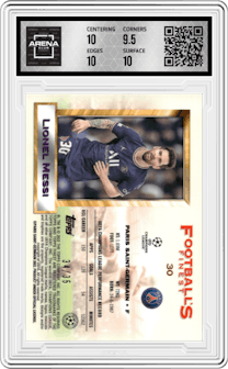 Lionel Messi from the 2021-22 Topps Finest Flashbacks UEFA set featuring a Prism Refractor  parallel graded by Arena Club and given an overall grade of 10.