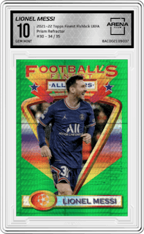 Lionel Messi from the 2021-22 Topps Finest Flashbacks UEFA set featuring a Prism Refractor  parallel graded by Arena Club and given an overall grade of 10.