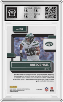 Breece Hall from the 2022 Panini Donruss Optic set featuring a Holo parallel graded by Arena Club and given an overall grade of 10.