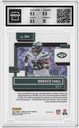 Breece Hall from the 2022 Panini Donruss Optic set featuring a Holo parallel graded by Arena Club and given an overall grade of 10.