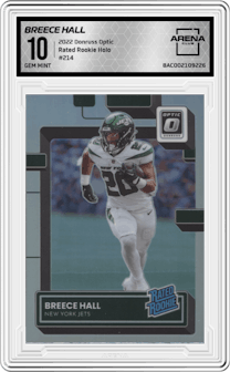 Breece Hall from the 2022 Panini Donruss Optic set featuring a Holo parallel graded by Arena Club and given an overall grade of 10.