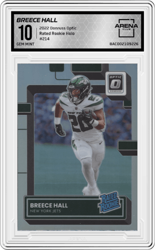 Breece Hall from the 2022 Panini Donruss Optic set featuring a Holo parallel graded by Arena Club and given an overall grade of 10.