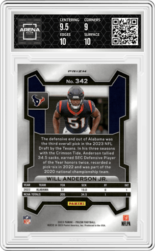 Will Anderson Jr. from the 2023 Panini Prizm set featuring a Disco parallel graded by Arena Club and given an overall grade of 9.5.