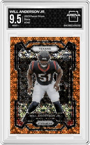 Will Anderson Jr. from the 2023 Panini Prizm set featuring a Disco parallel graded by Arena Club and given an overall grade of 9.5.