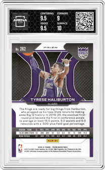 Tyrese Haliburton from the 2020-21 Panini Prizm set featuring a Red/White/Blue Prizm parallel graded by Arena Club and given an overall grade of 9.5.