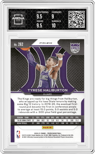Tyrese Haliburton from the 2020-21 Panini Prizm set featuring a Red/White/Blue Prizm parallel graded by Arena Club and given an overall grade of 9.5.