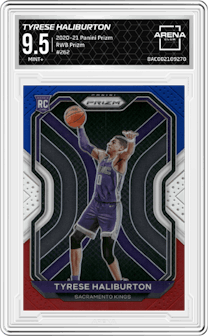 Tyrese Haliburton from the 2020-21 Panini Prizm set featuring a Red/White/Blue Prizm parallel graded by Arena Club and given an overall grade of 9.5.