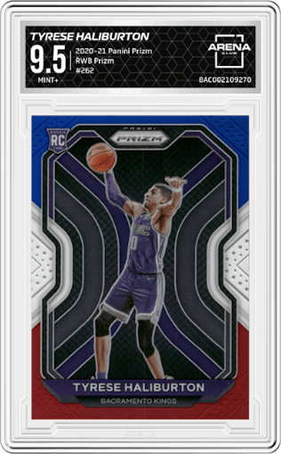 Tyrese Haliburton from the 2020-21 Panini Prizm set featuring a Red/White/Blue Prizm parallel graded by Arena Club and given an overall grade of 9.5.