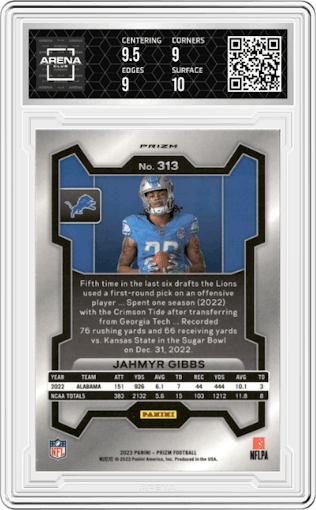 Jahmyr Gibbs from the 2023 Panini Prizm set featuring a Silver Prizm parallel graded by Arena Club and given an overall grade of 9.5.