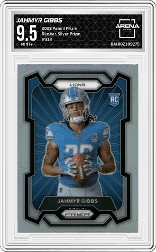Jahmyr Gibbs from the 2023 Panini Prizm set featuring a Silver Prizm parallel graded by Arena Club and given an overall grade of 9.5.