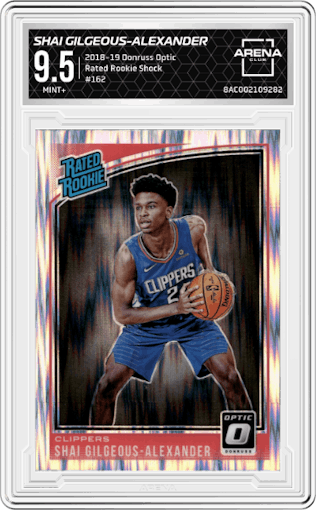 Shai Gilgeous-Alexander from the 2018-19 Panini Donruss Optic set featuring a Shock parallel graded by Arena Club and given an overall grade of 9.5.