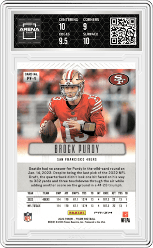 Brock Purdy from the 2023 Panini Prizm set featuring a Silver Prizm parallel graded by Arena Club and given an overall grade of 9.5.