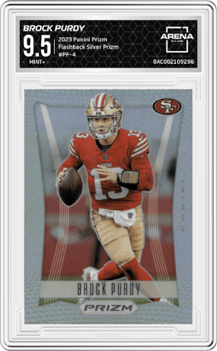 Brock Purdy from the 2023 Panini Prizm set featuring a Silver Prizm parallel graded by Arena Club and given an overall grade of 9.5.