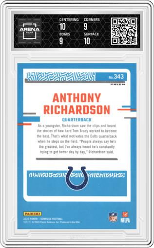 Anthony Richardson  from the 2023 Panini Donruss set featuring a Pink parallel graded by Arena Club and given an overall grade of 9.5.