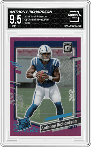 Anthony Richardson  from the 2023 Panini Donruss set featuring a Pink parallel graded by Arena Club and given an overall grade of 9.5.